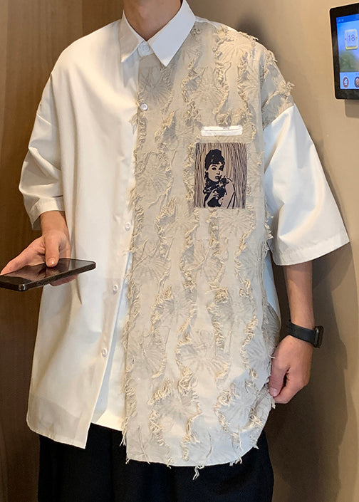 Loose Black Original Design Patchwork Cotton Men Shirts Half Sleeve