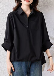 Loose Black Peter Pan Collar Button Cotton Blouse Bracelet Sleeve