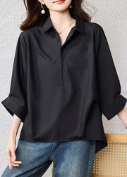Loose Black Peter Pan Collar Button Cotton Blouse Bracelet Sleeve