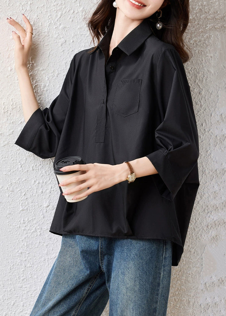 Loose Black Peter Pan Collar Button Cotton Blouse Bracelet Sleeve