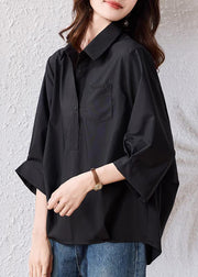 Loose Black Peter Pan Collar Button Cotton Blouse Bracelet Sleeve