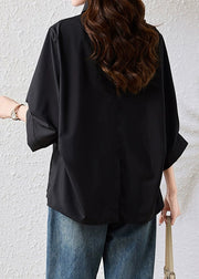 Loose Black Peter Pan Collar Button Cotton Blouse Bracelet Sleeve
