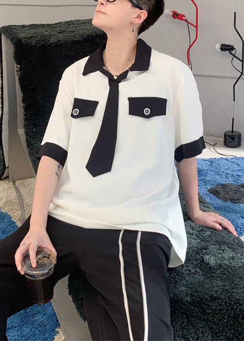 Loose Black Peter Pan Collar Patchwork Ice Silk Mens Polo Shirts Summer