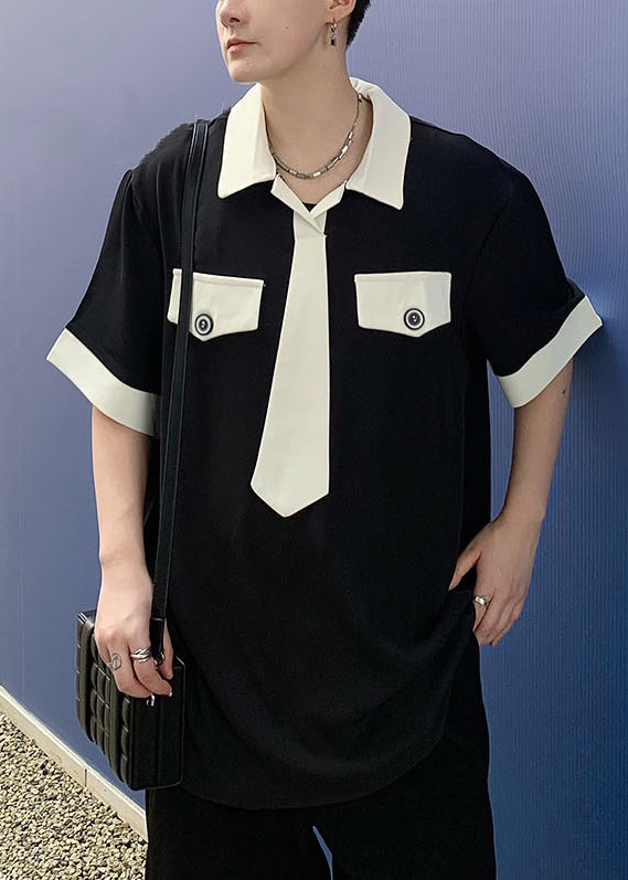 Loose Black Peter Pan Collar Patchwork Ice Silk Mens Polo Shirts Summer