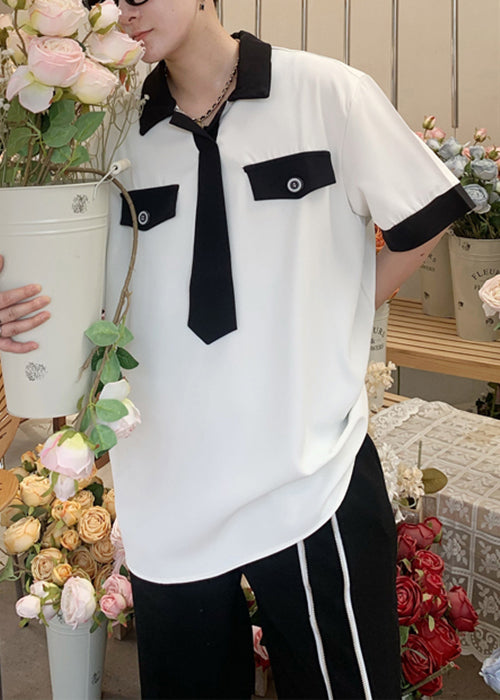 Loose Black Peter Pan Collar Patchwork Ice Silk Mens Polo Shirts Summer