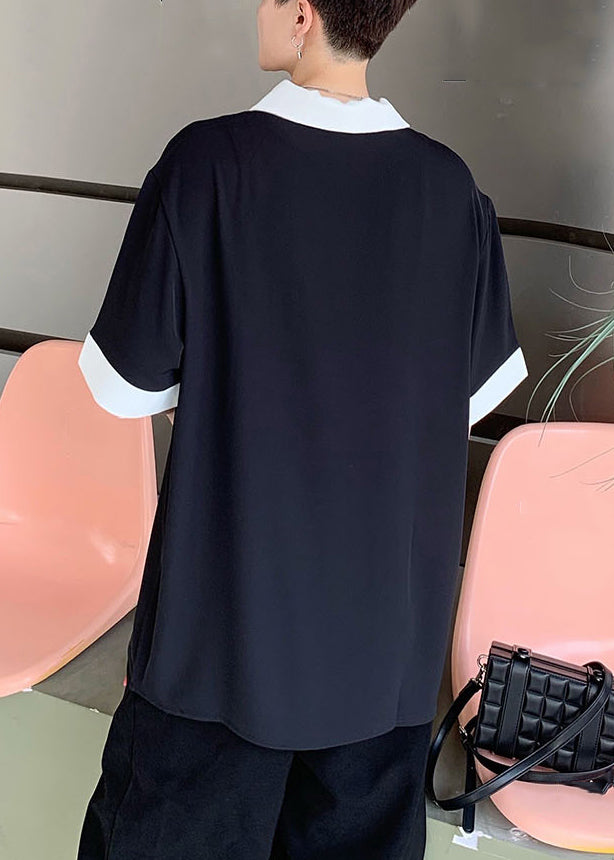 Loose Black Peter Pan Collar Patchwork Ice Silk Mens Polo Shirts Summer