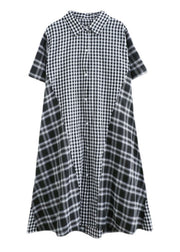 Loose Black Peter Pan Collar Plaid Patchwork Button Long Dress Summer