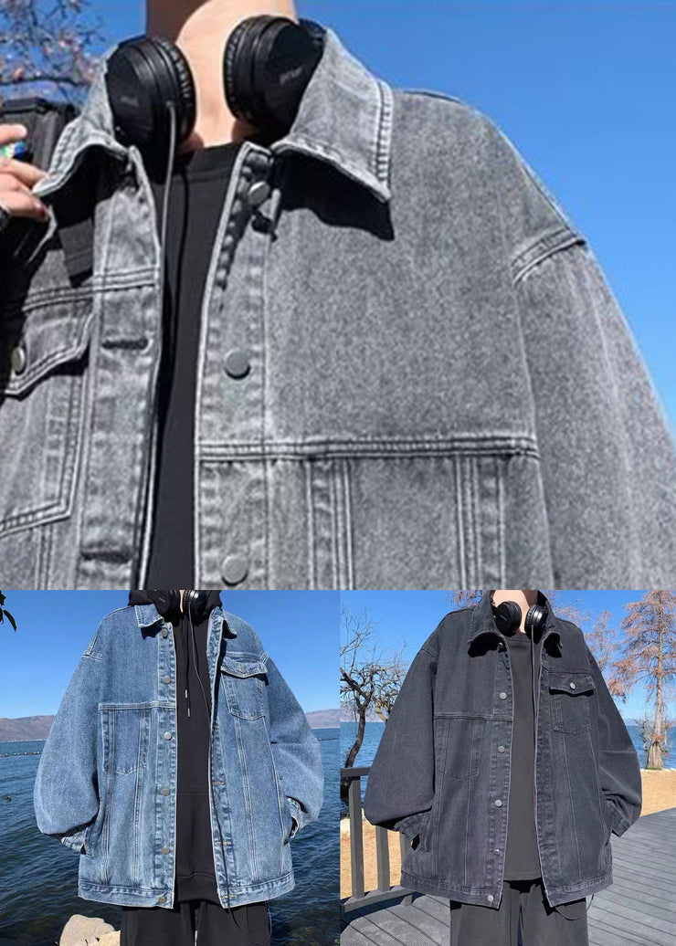 Loose Black Peter Pan Collar Pockets Denim Mens Coats Fall