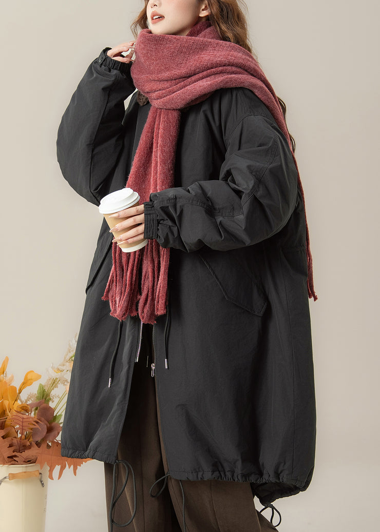 Loose Black Peter Pan Collar Pockets Patchwork Long Parkas Winter