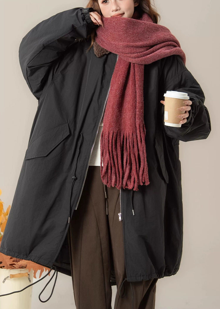 Loose Black Peter Pan Collar Pockets Patchwork Long Parkas Winter