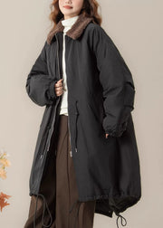 Loose Black Peter Pan Collar Pockets Patchwork Long Parkas Winter