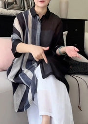 Loose Black Peter Pan Collar Striped Cotton Shirt Top Summer