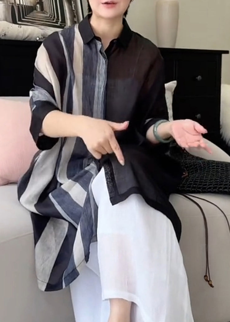 Loose Black Peter Pan Collar Striped Cotton Shirt Top Summer