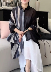 Loose Black Peter Pan Collar Striped Cotton Shirt Top Summer