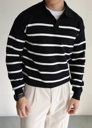 Loose Black Peter Pan Collar Striped Knit Men Sweater Fall