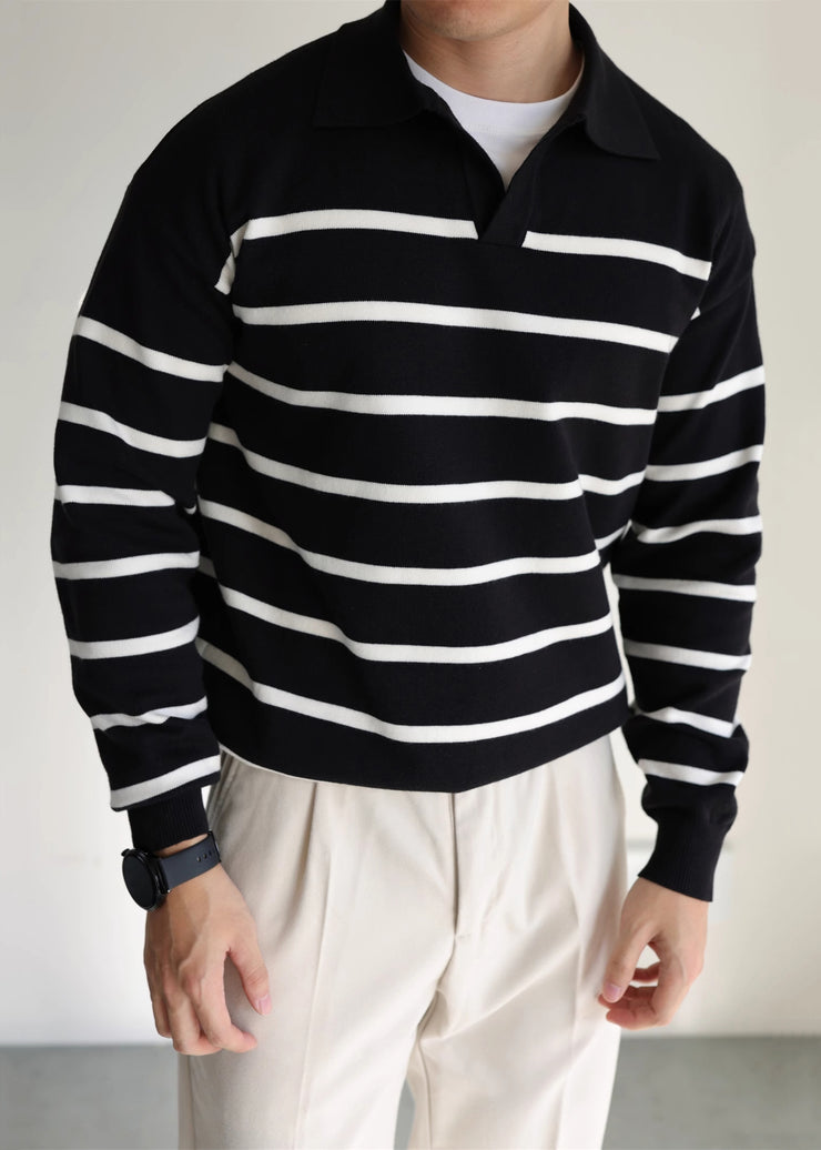 Loose Black Peter Pan Collar Striped Knit Men Sweater Fall