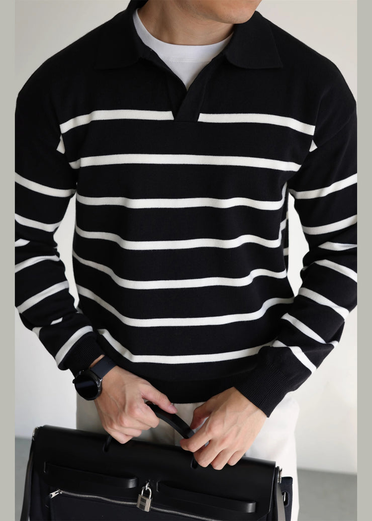 Loose Black Peter Pan Collar Striped Knit Men Sweater Fall