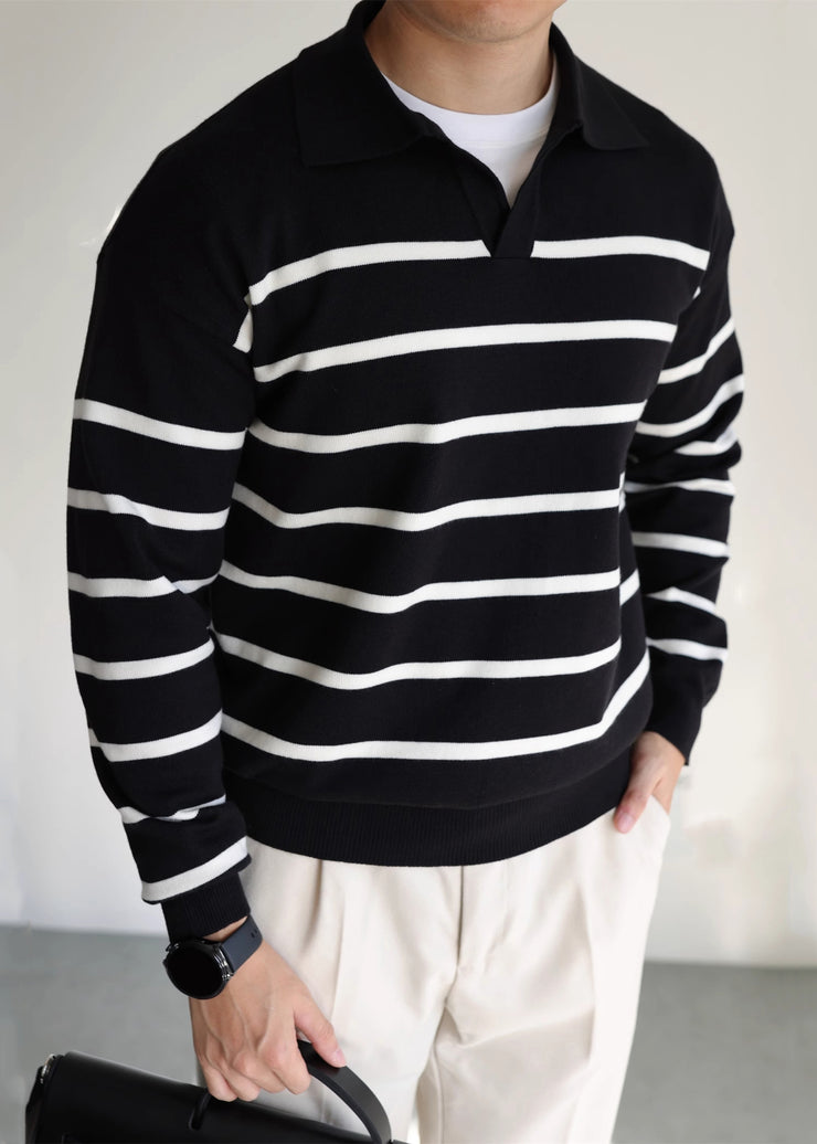 Loose Black Peter Pan Collar Striped Knit Men Sweater Fall