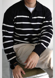 Loose Black Peter Pan Collar Striped Knit Men Sweater Fall