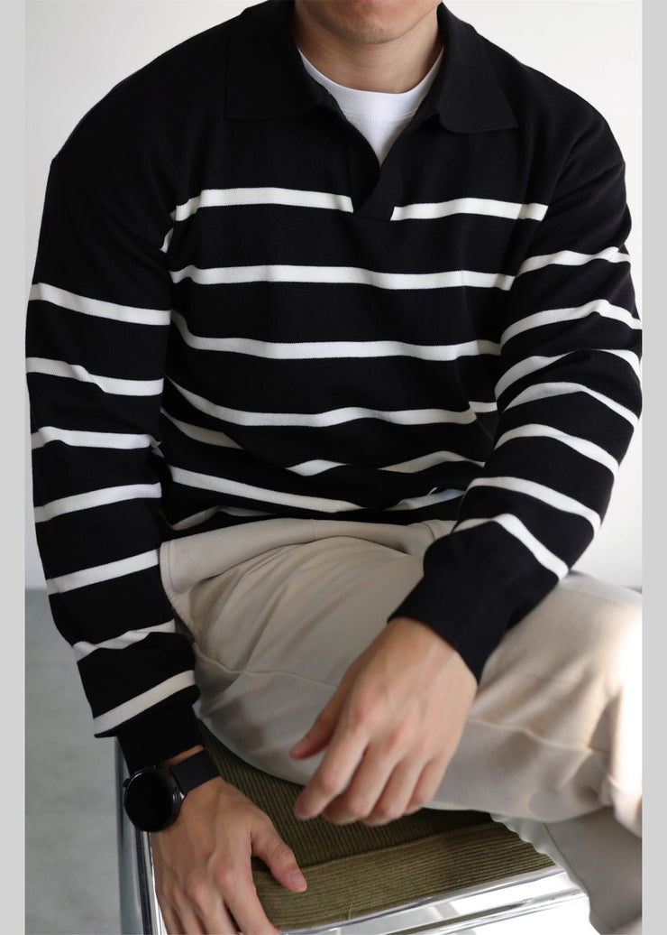 Loose Black Peter Pan Collar Striped Knit Men Sweater Fall