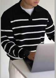 Loose Black Peter Pan Collar Striped Knit Men Sweater Fall