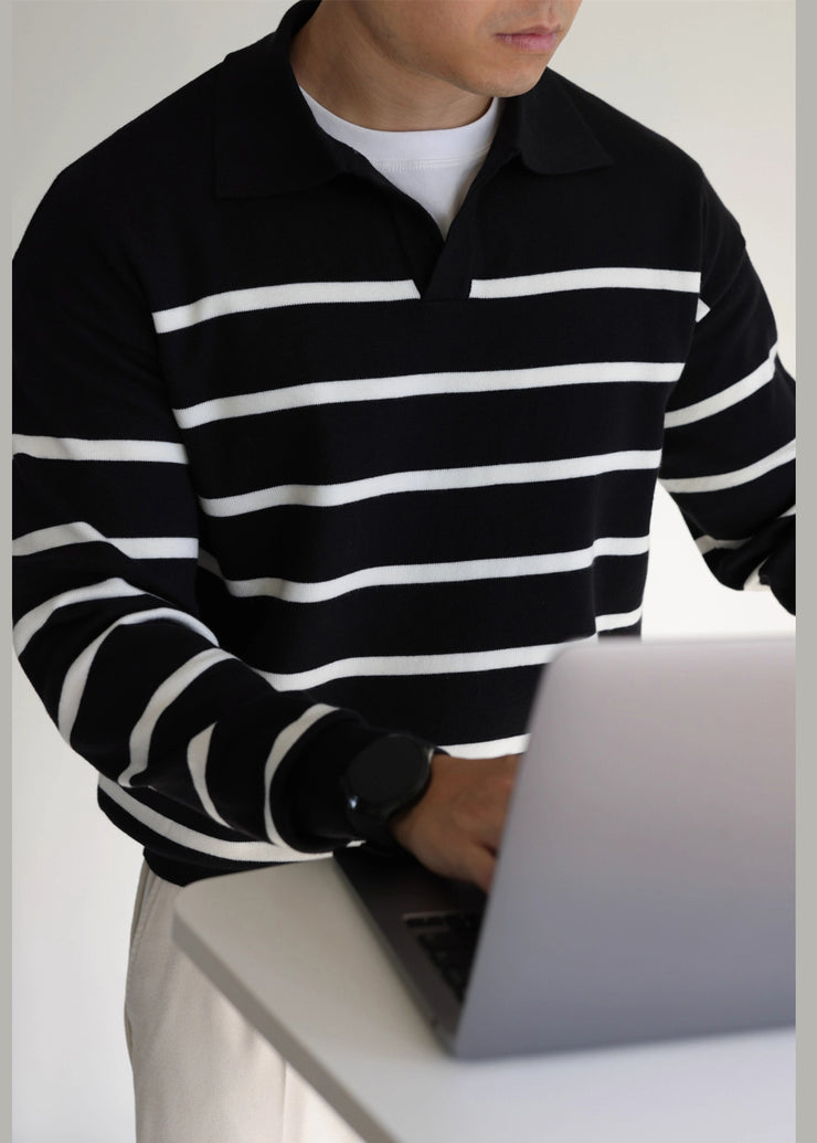 Loose Black Peter Pan Collar Striped Knit Men Sweater Fall