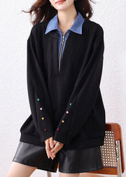 Loose Black Peter Pan Collar Zip Up Patchwork Cotton Sweatshirt Fall