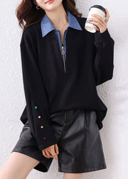 Loose Black Peter Pan Collar Zip Up Patchwork Cotton Sweatshirt Fall