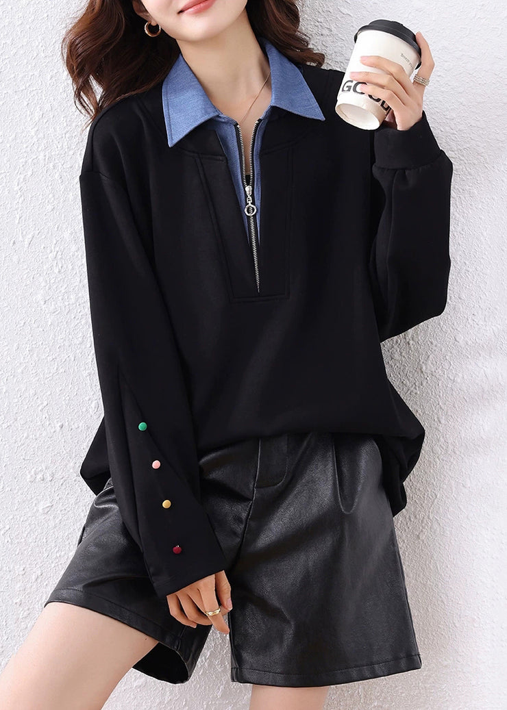 Loose Black Peter Pan Collar Zip Up Patchwork Cotton Sweatshirt Fall