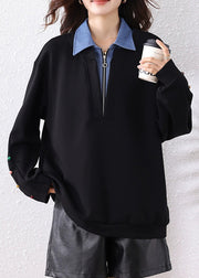 Loose Black Peter Pan Collar Zip Up Patchwork Cotton Sweatshirt Fall