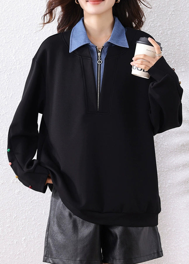 Loose Black Peter Pan Collar Zip Up Patchwork Cotton Sweatshirt Fall