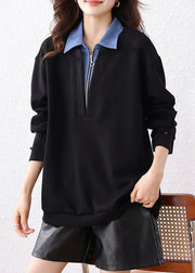 Loose Black Peter Pan Collar Zip Up Patchwork Cotton Sweatshirt Fall