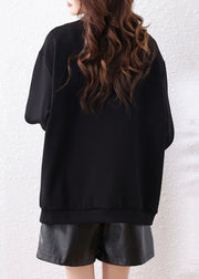 Loose Black Peter Pan Collar Zip Up Patchwork Cotton Sweatshirt Fall