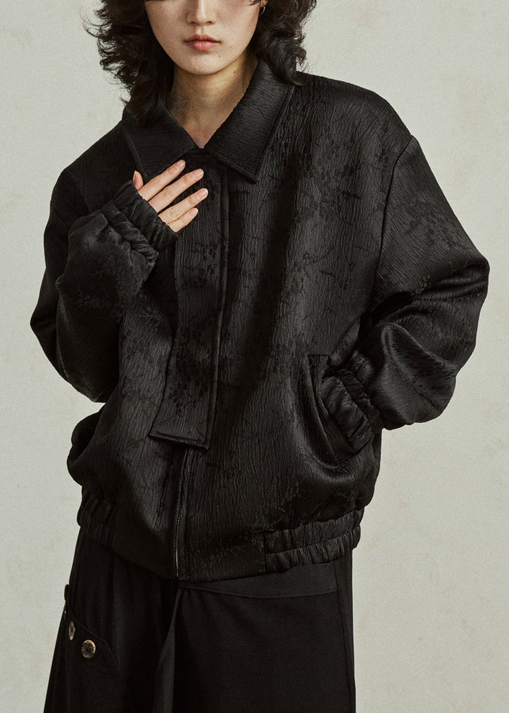 Loose Black Peter Pan Collar Zippered Silk Coats Fall
