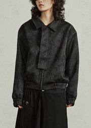 Loose Black Peter Pan Collar Zippered Silk Coats Fall