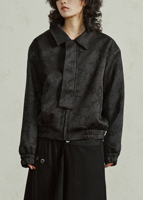Loose Black Peter Pan Collar Zippered Silk Coats Fall