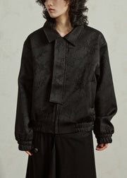 Loose Black Peter Pan Collar Zippered Silk Coats Fall