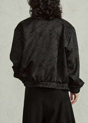 Loose Black Peter Pan Collar Zippered Silk Coats Fall
