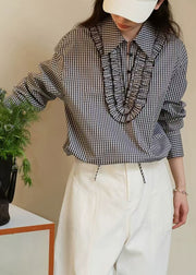 Loose Black Plaid Ruffled Cotton Blouses Fall