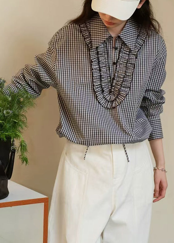 Loose Black Plaid Ruffled Cotton Blouses Fall