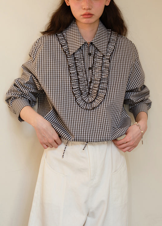 Loose Black Plaid Ruffled Cotton Blouses Fall