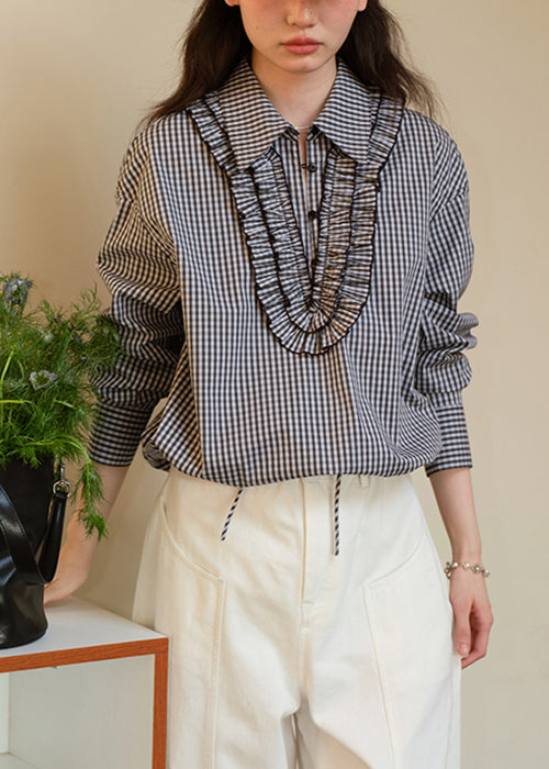 Loose Black Plaid Ruffled Cotton Blouses Fall