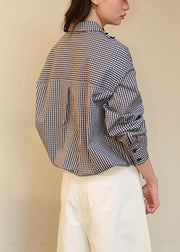 Loose Black Plaid Ruffled Cotton Blouses Fall