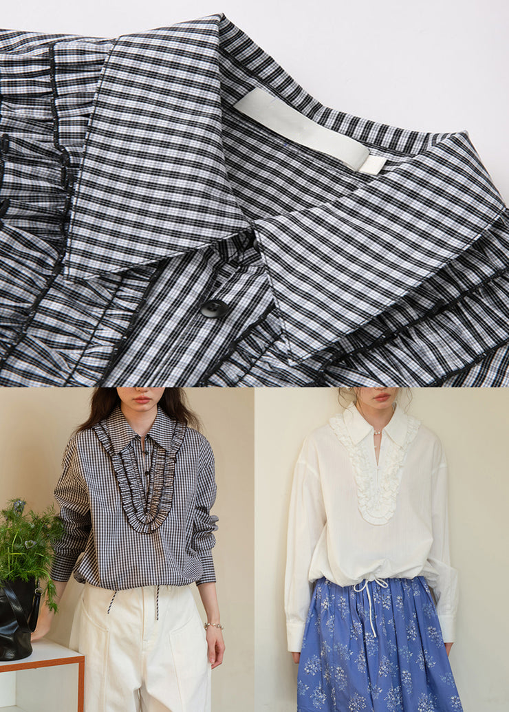 Loose Black Plaid Ruffled Cotton Blouses Fall