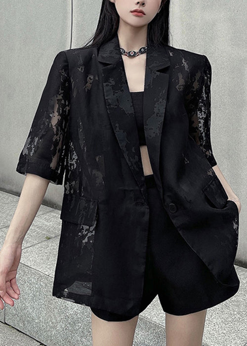 Loose Black Pockets Back Side Open Thin Cotton Coat Summer