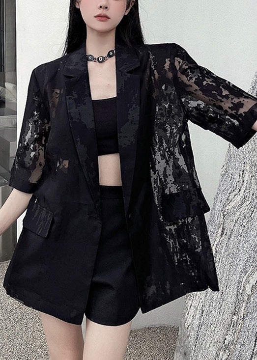 Loose Black Pockets Back Side Open Thin Cotton Coat Summer