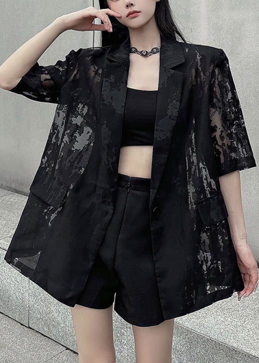 Loose Black Pockets Back Side Open Thin Cotton Coat Summer