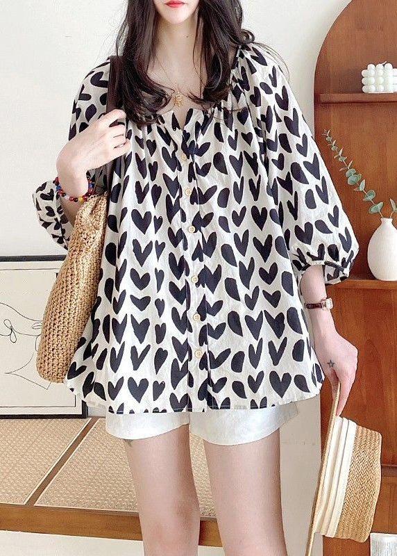Loose Black Print Button Cotton Shirts Bracelet Sleeve