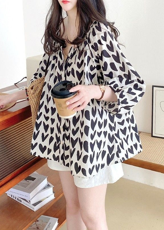 Loose Black Print Button Cotton Shirts Bracelet Sleeve