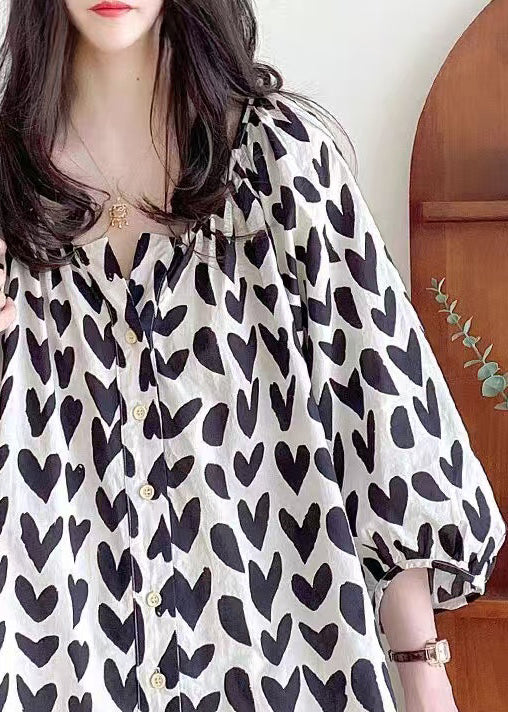 Loose Black Print Button Cotton Shirts Bracelet Sleeve